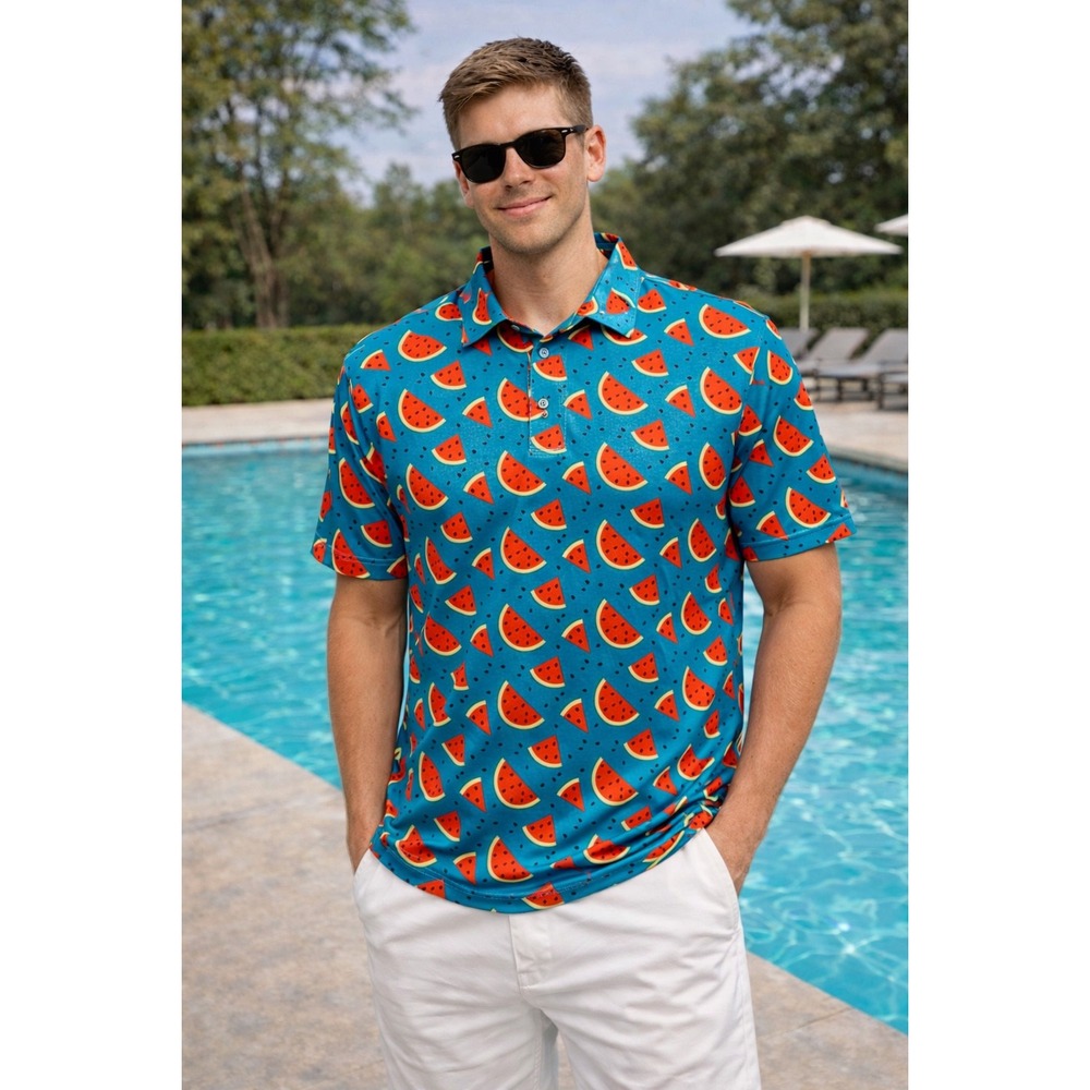 Funky Fun Royal & Awesome Watermelon Polo Shirt Summer Party Golf Tee Sz L
